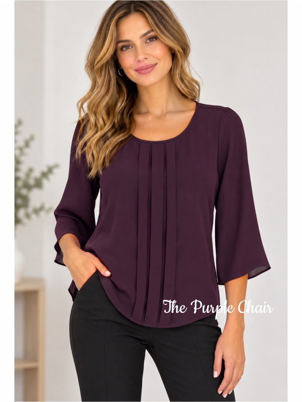 LOFT NWT Plum Pleated Front 3/4 Length Sleeve Blouse XS